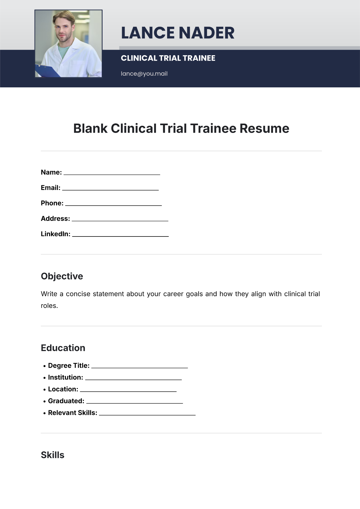 Free Blank Clinical Trial Trainee Resume Template