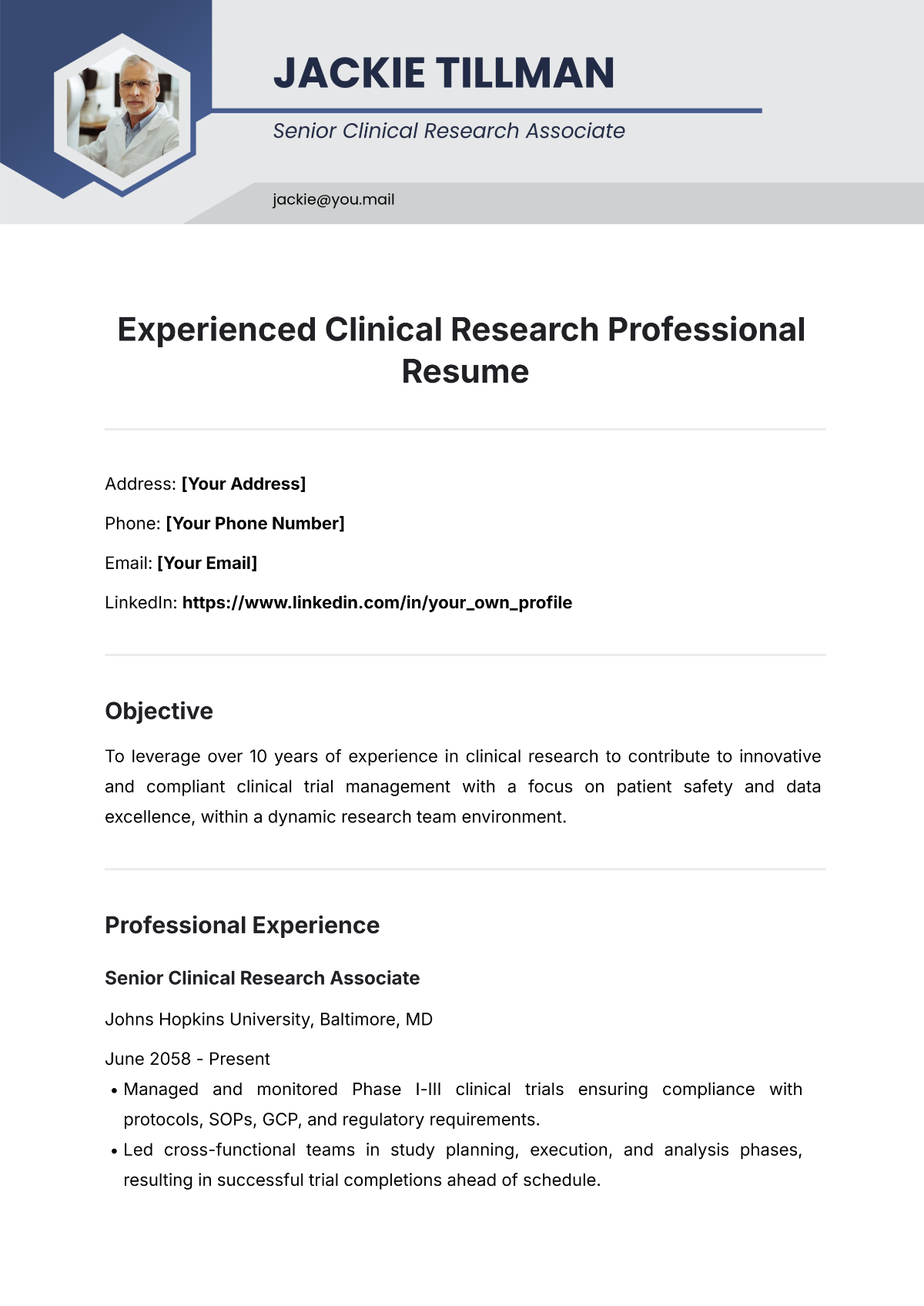 Free Experienced Clinical Research Professional Resume Template