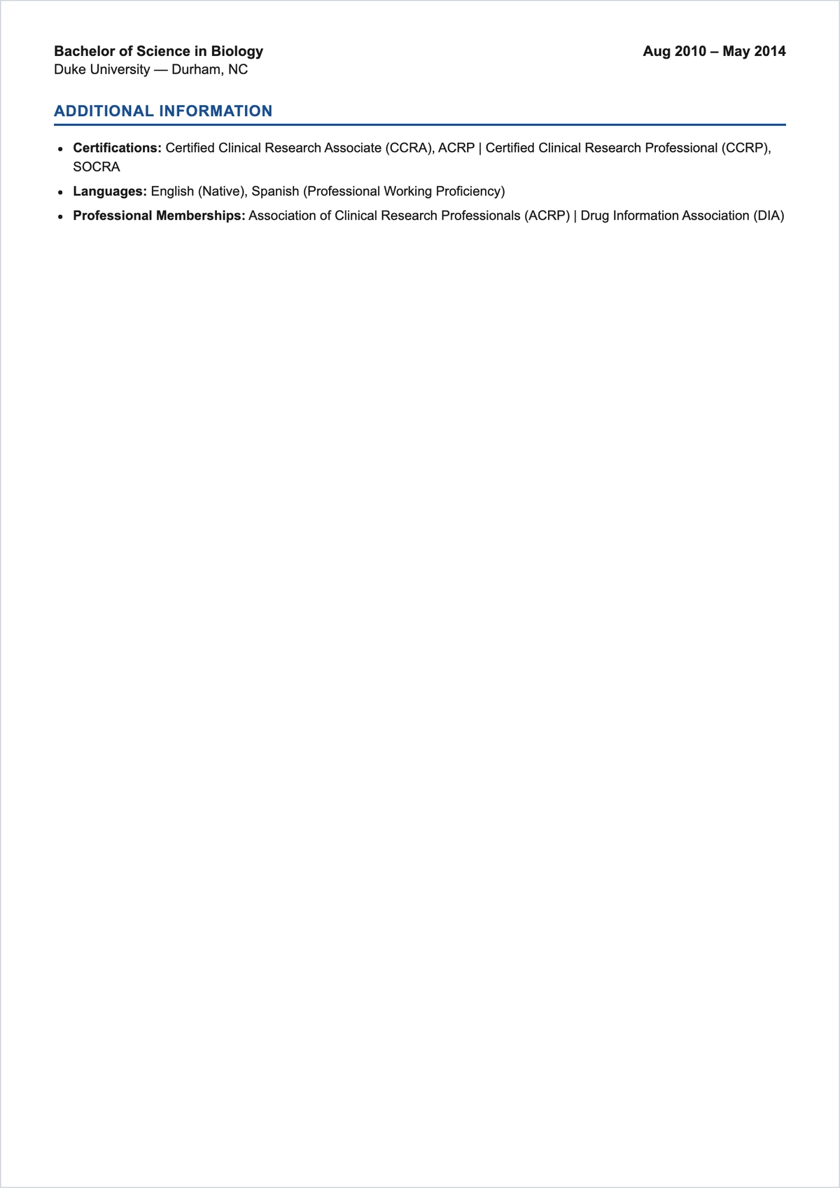 Free Experienced Clinical Research Professional ATS Resume Template