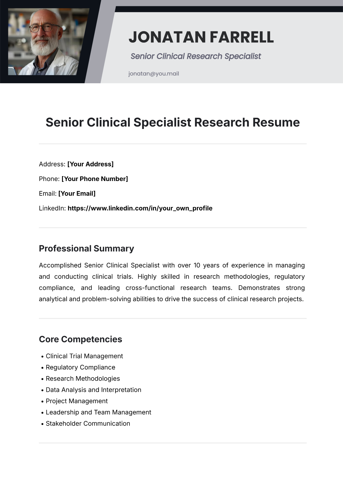 Free Senior Clinical Specialist Research Resume Template