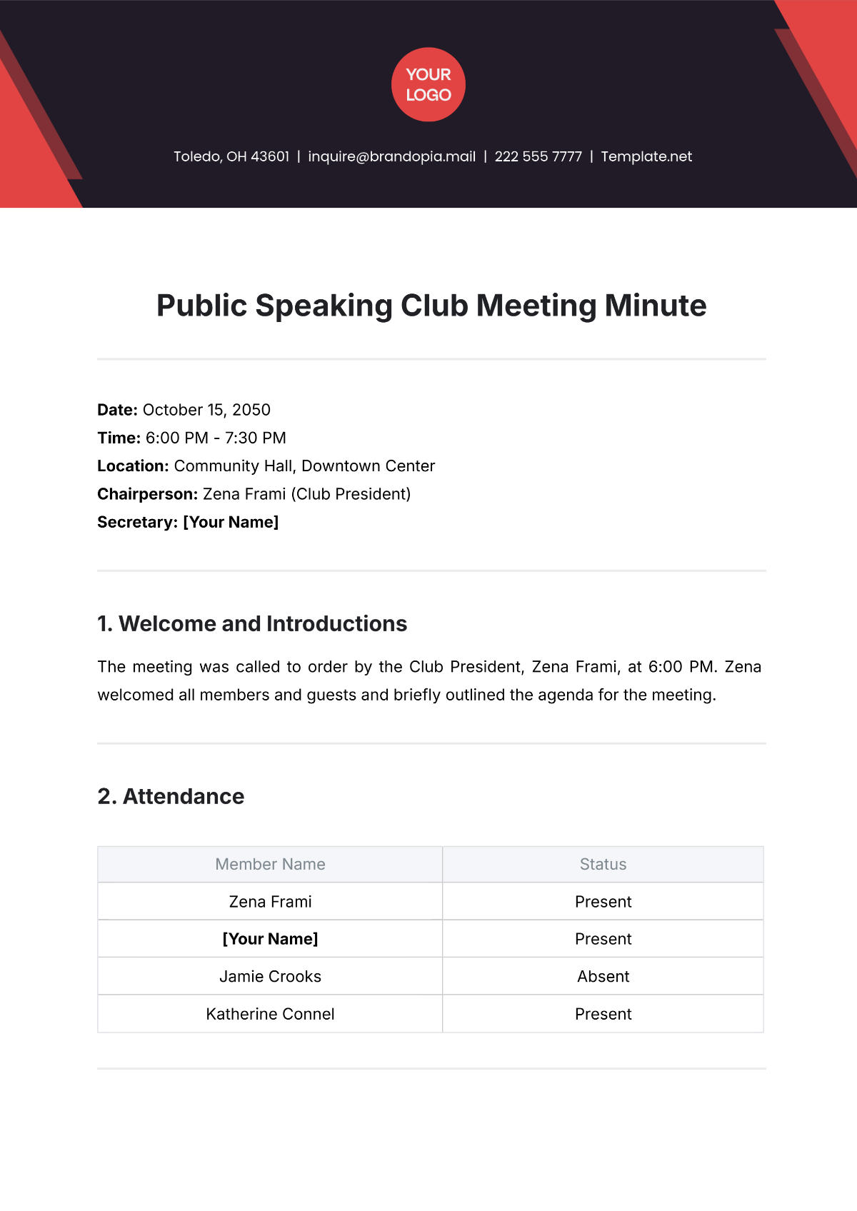 Free Public Speaking Club Meeting Minute Template