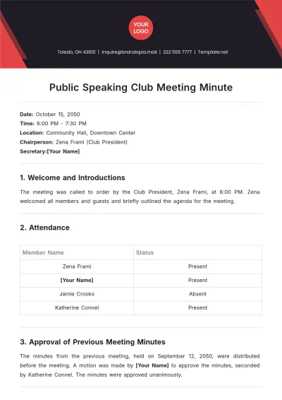 Free Public Speaking Club Meeting Minute Template to Edit Online