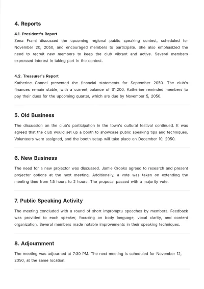 Free Public Speaking Club Meeting Minute Template to Edit Online