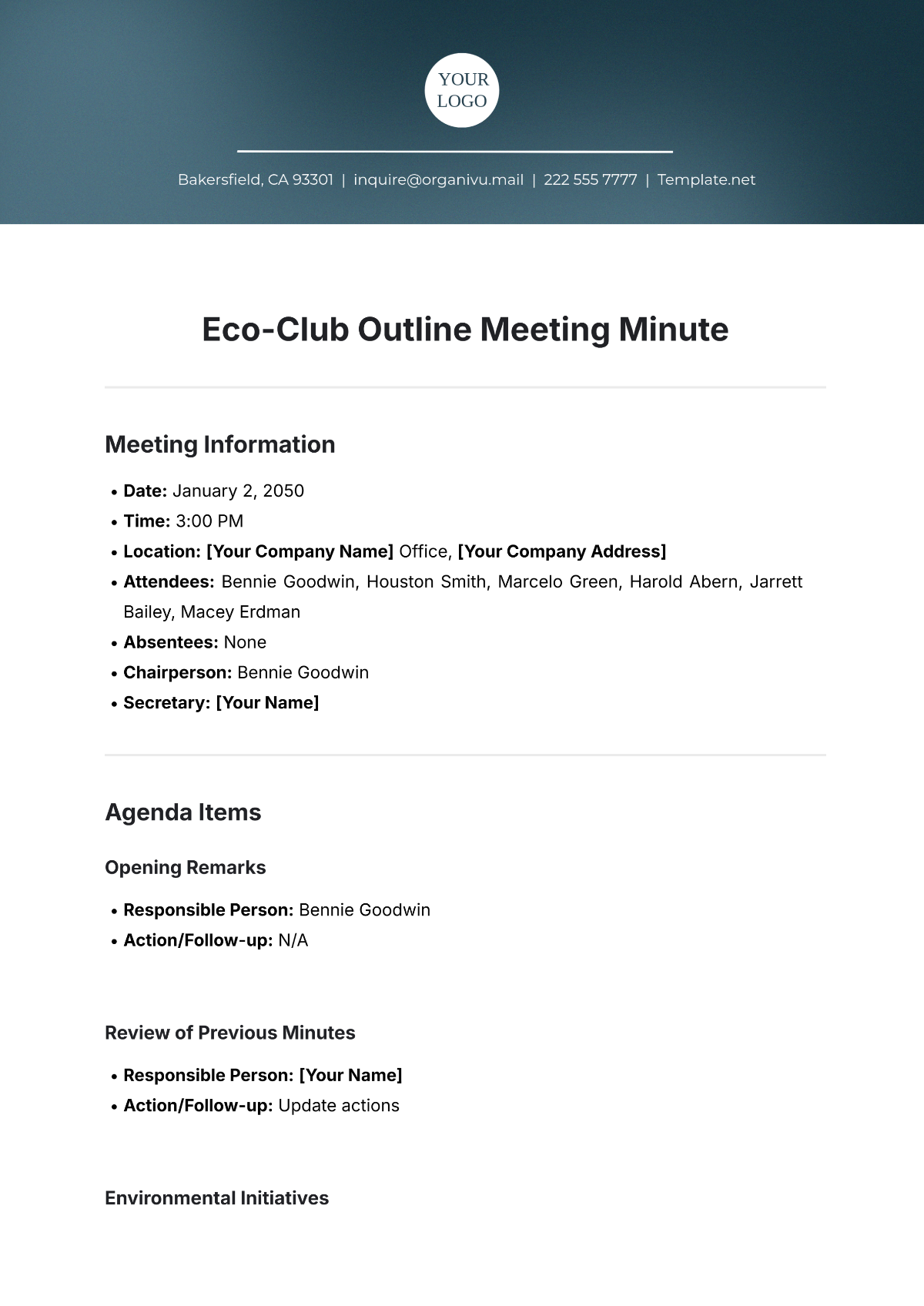 Free Eco-Club Outline Meeting Minute Template