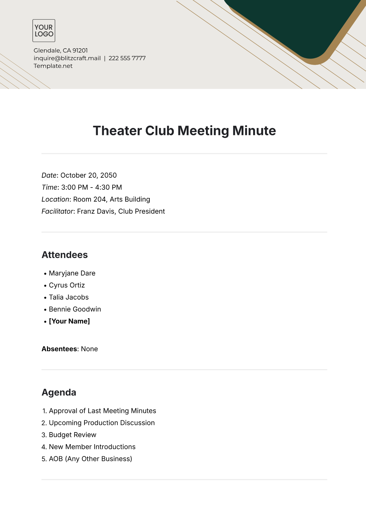 Free Theater Club Meeting Minute Template