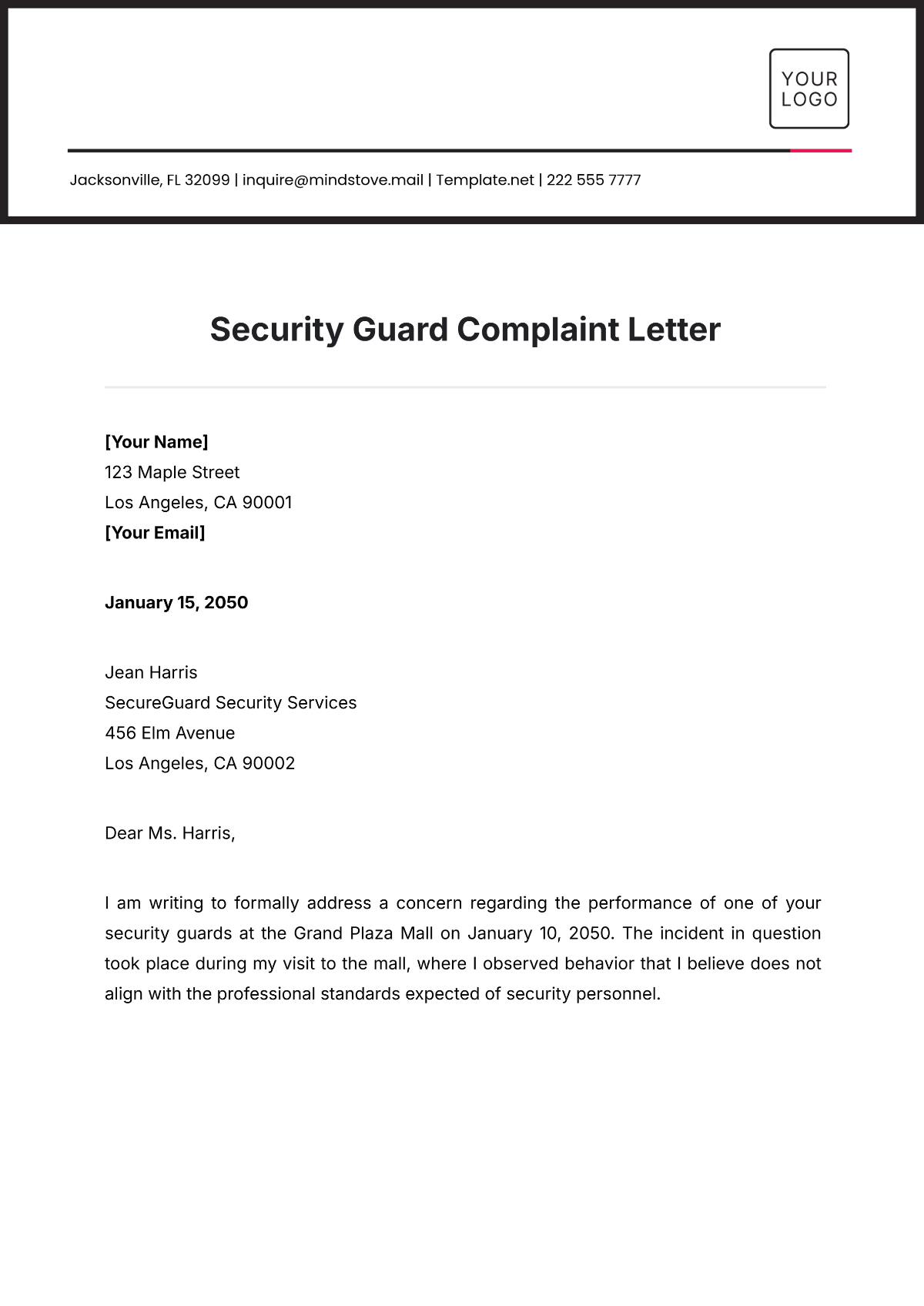 Security Guard Complaint Letter Template - Edit Online & Download