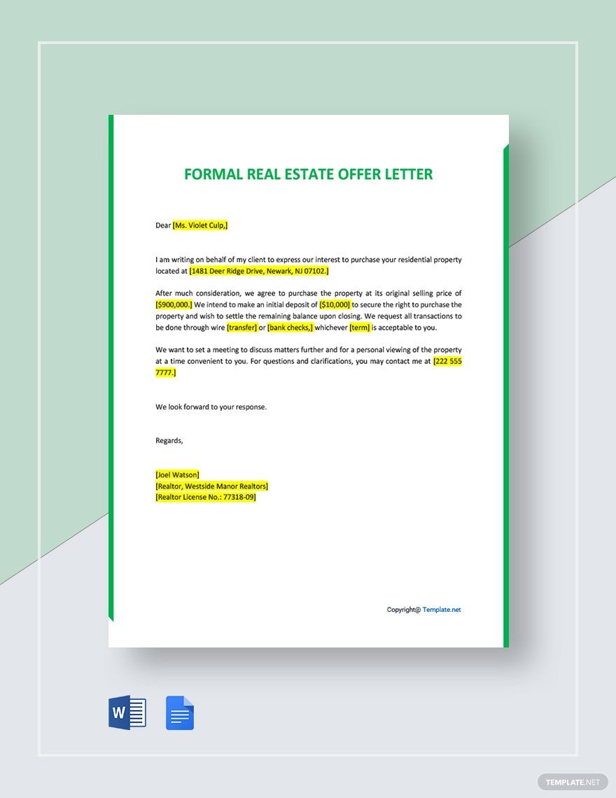 Formal Offer Letter For Real Estate in Word, Google Docs, PDF, Apple Pages