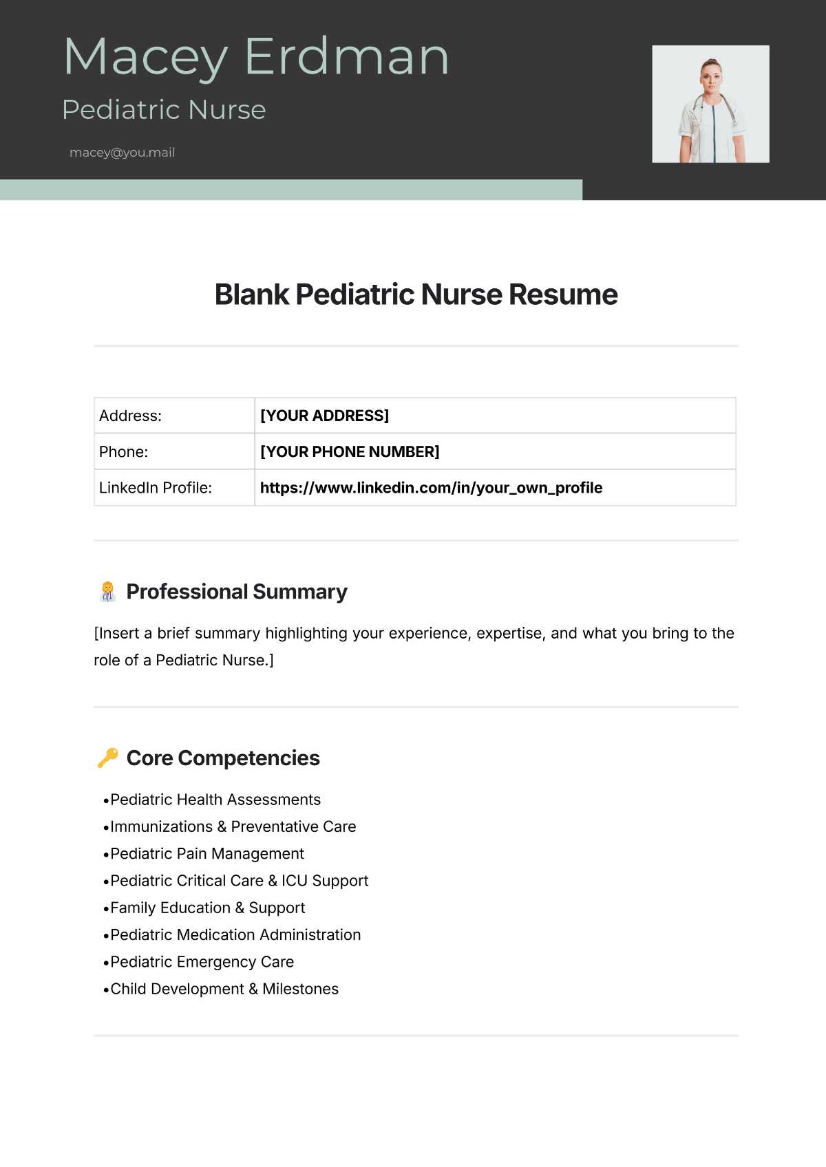 Free Blank Pediatric Nurse Resume Template