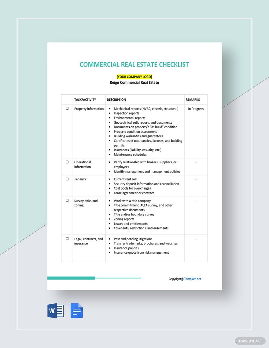 Commercial Real Estate Checklist Template in Word, Google Docs