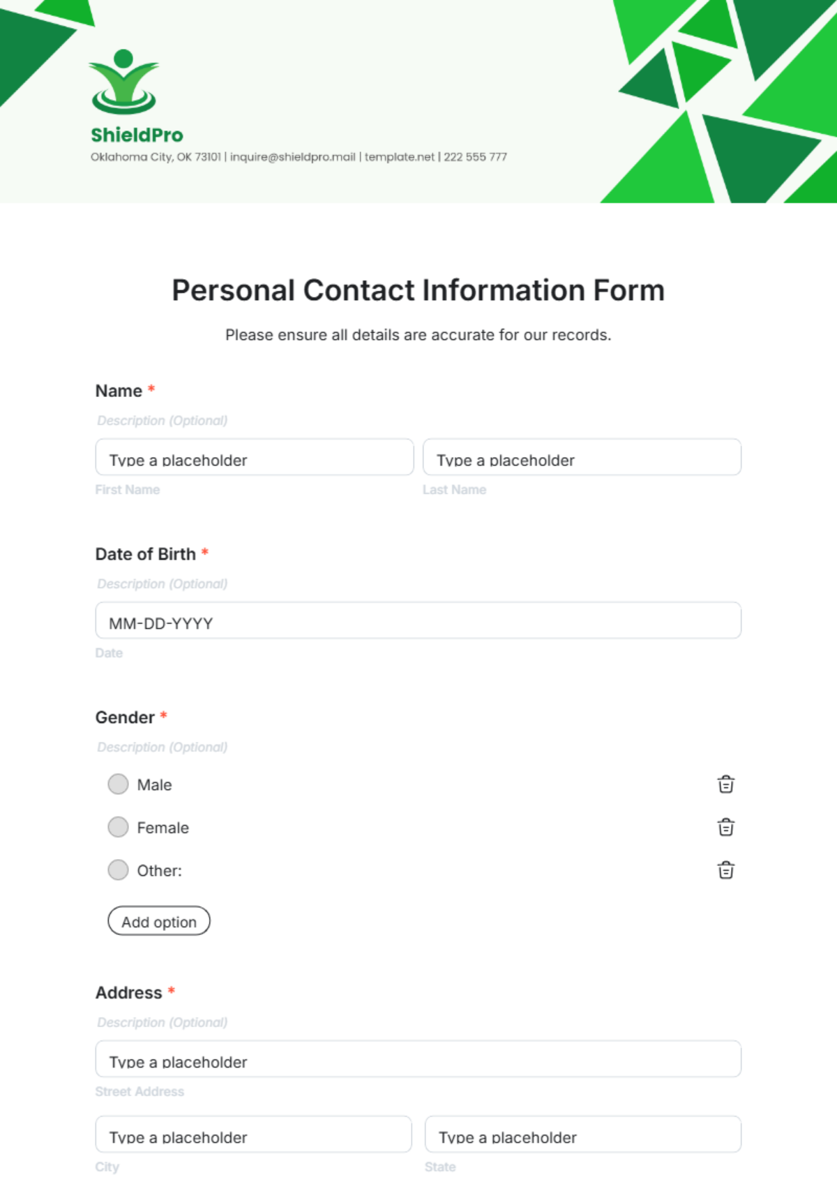 Free Personal Contact Information Form Template