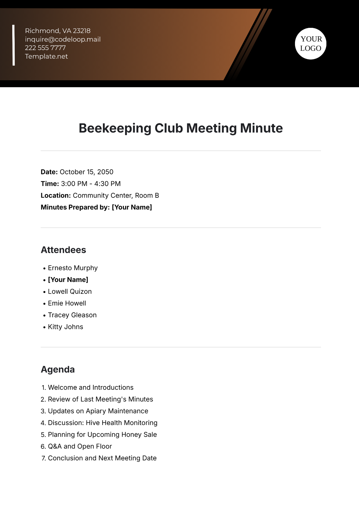 Free Beekeeping Club Meeting Minute Template