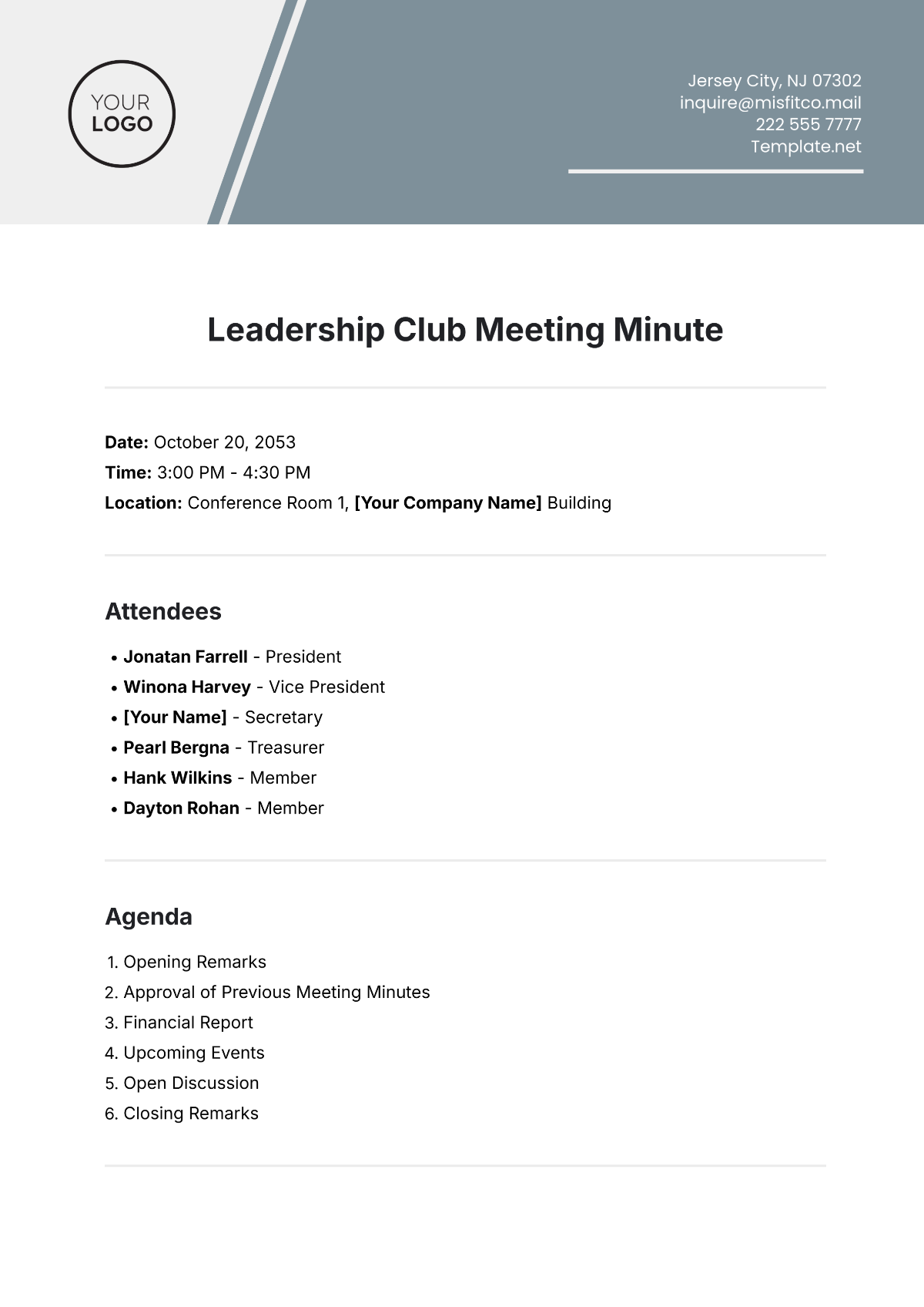 Free Leadership Club Meeting Minute Template