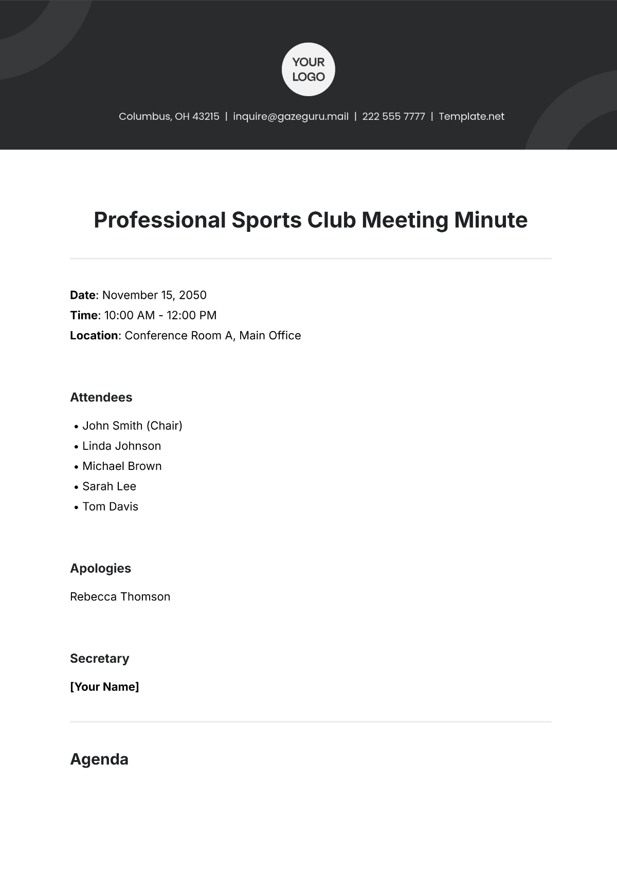 Free Professional Sports Club Meeting Minute Template