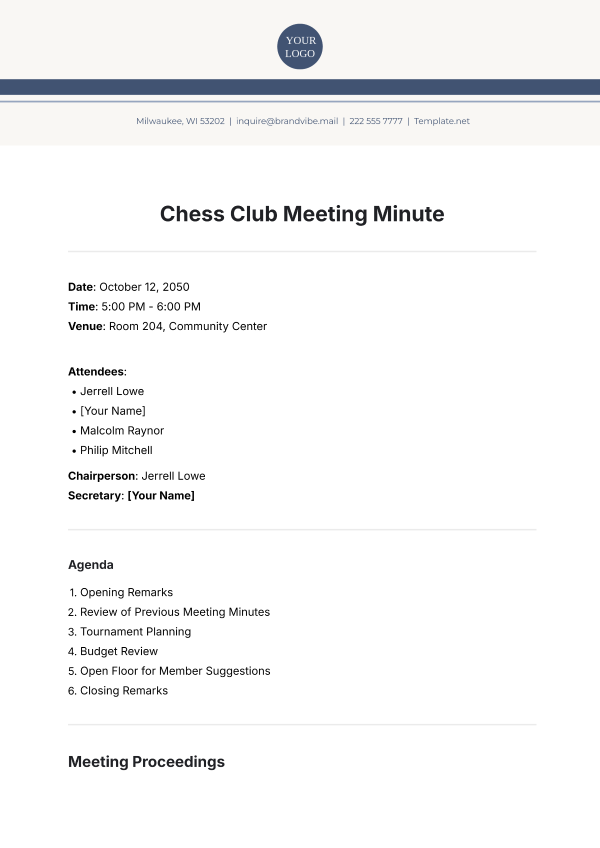 Free Chess Club Meeting Minute Template