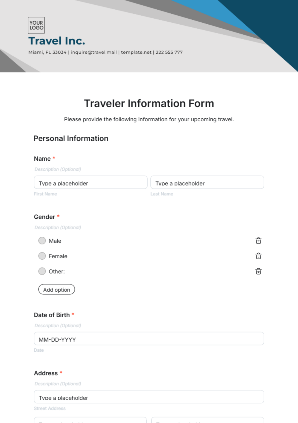 Free Traveler Information Form Template