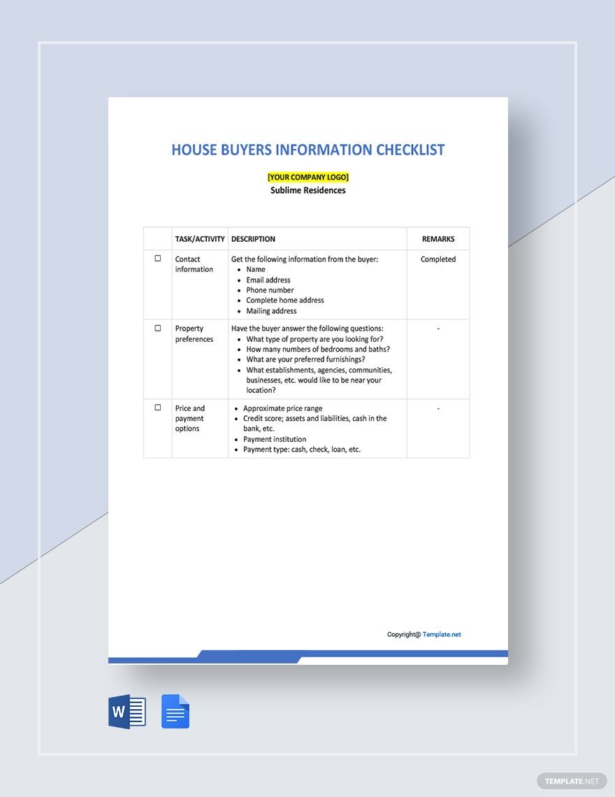 Free House Buyers Information Checklist Template