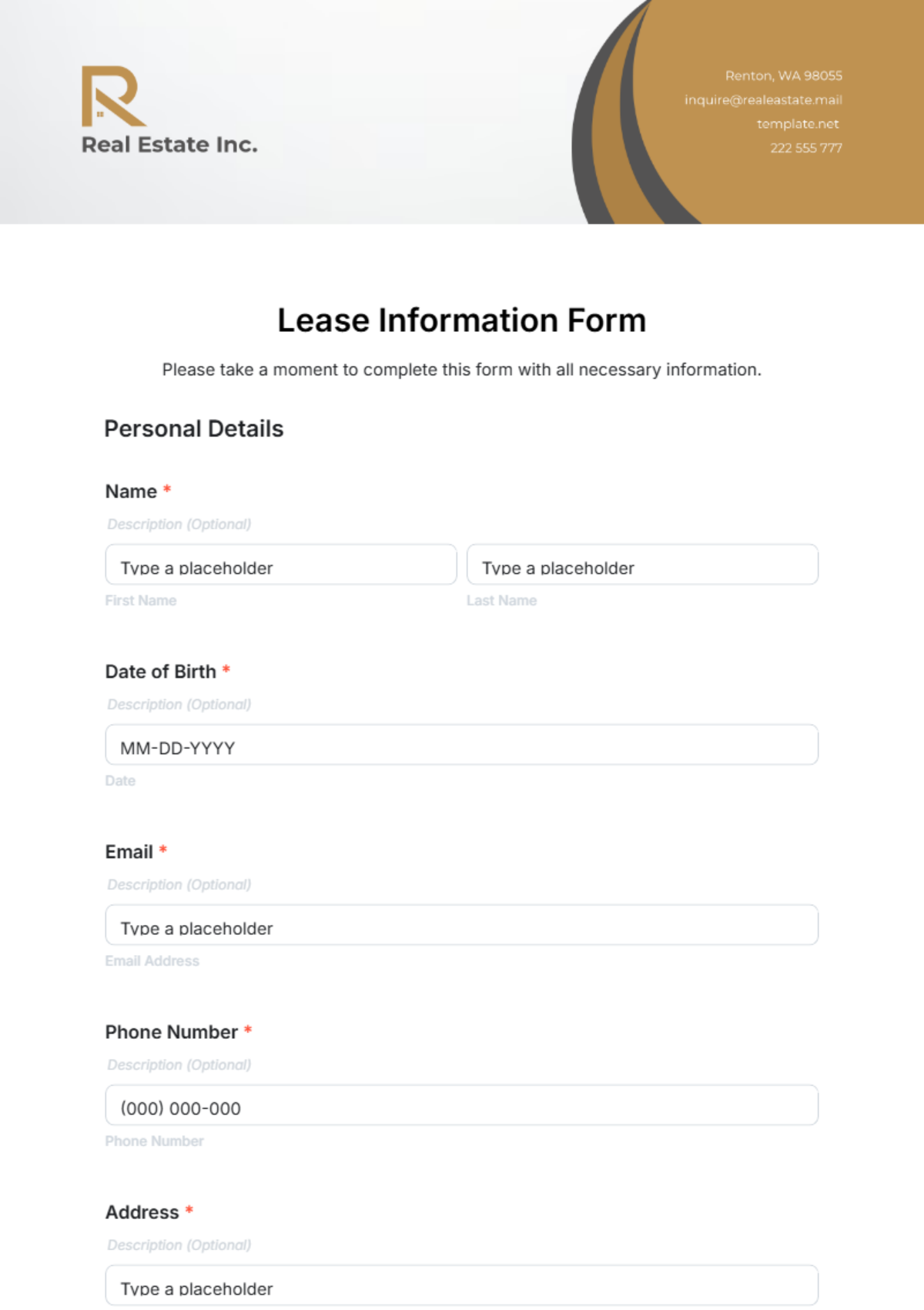 Free Lease Information Form Template