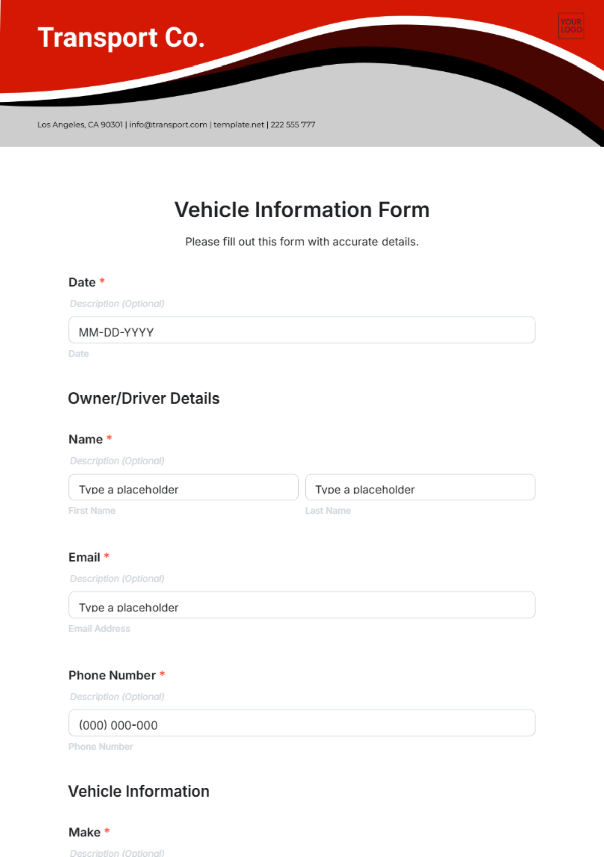 Free Vehicle Information Form Template