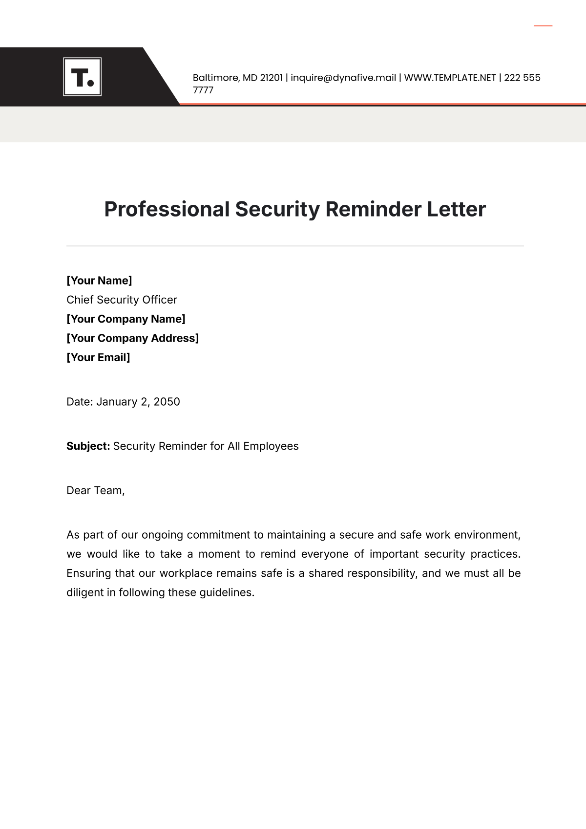 Professional Security Reminder Letter Template - Edit Online & Download