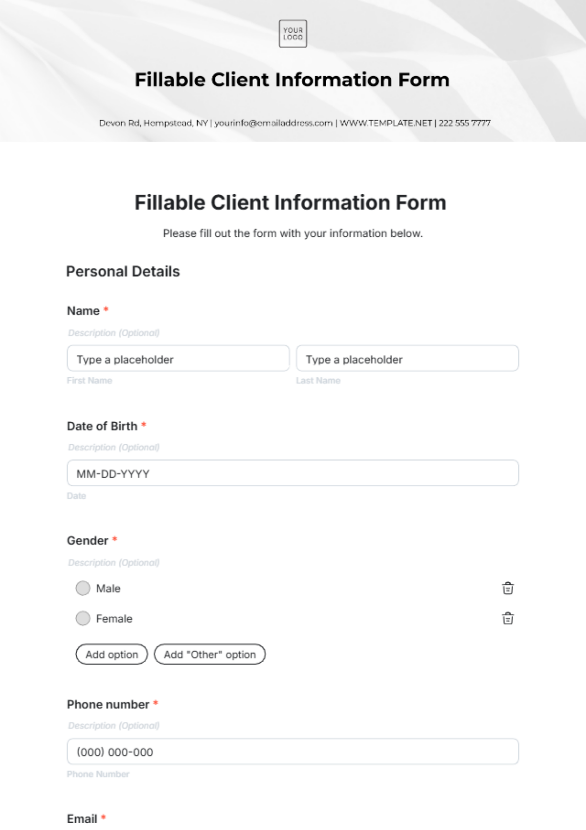 Free Fillable Client Information Form Template