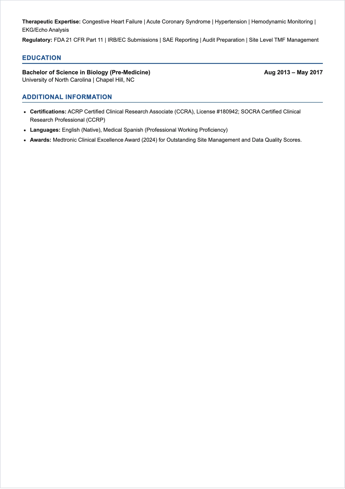 Free Cardiology Clinical Research Associate ATS Resume Template