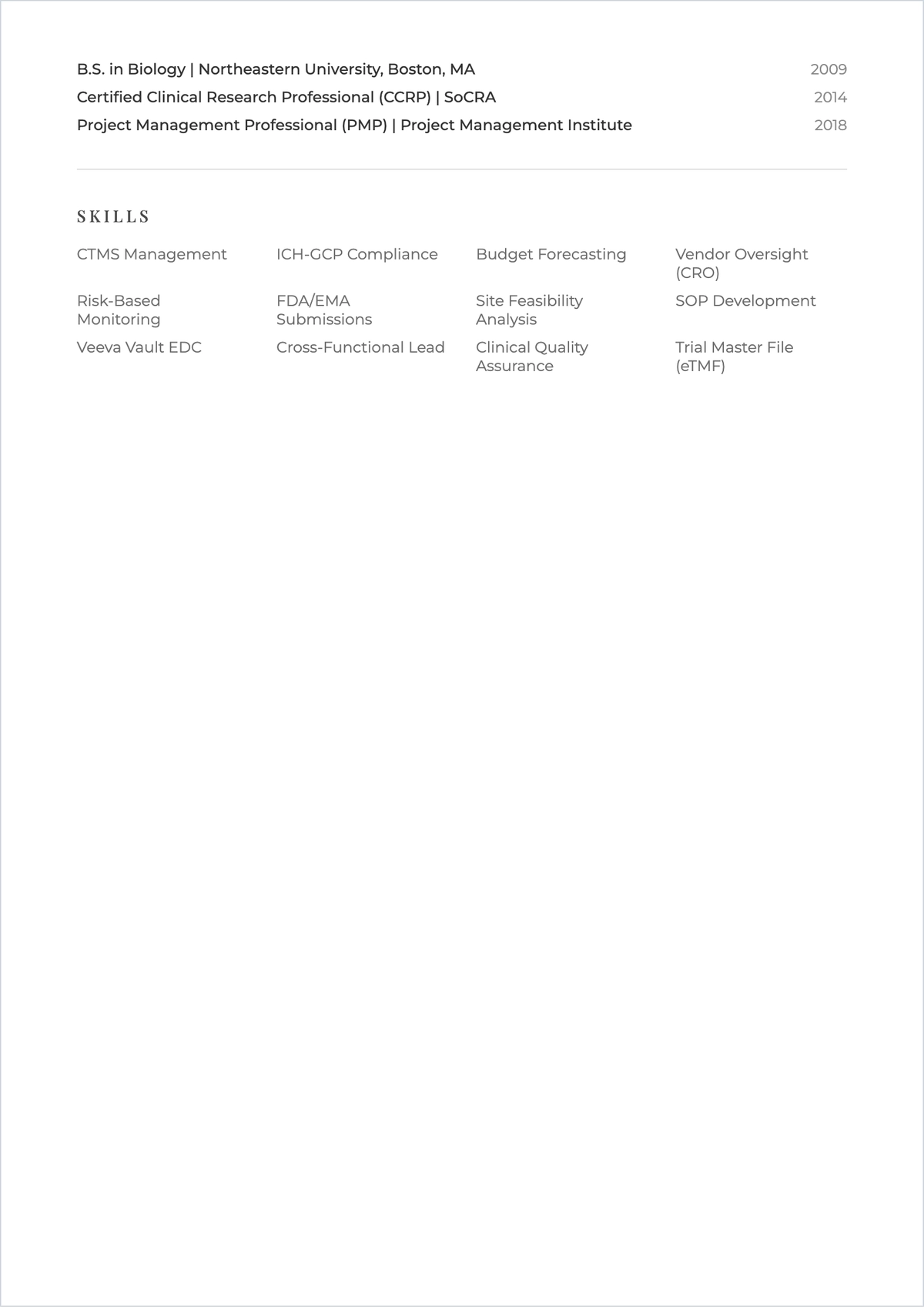 Free Clinical Research Operations Manager ATS Resume Template