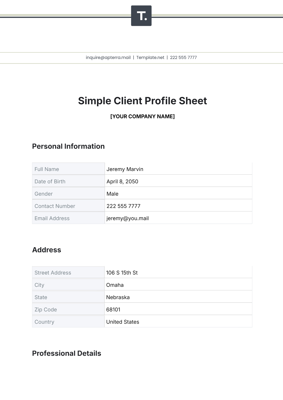 Free Simple Client Profile Sheet Template