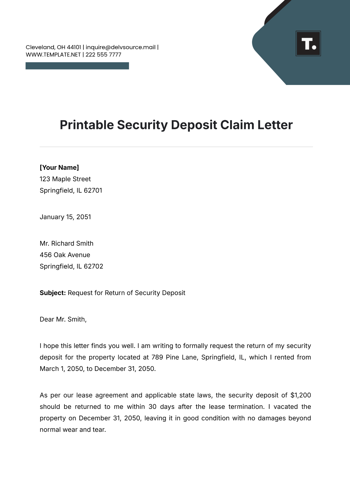 Printable Security Deposit Claim Letter Template - Edit Online & Download