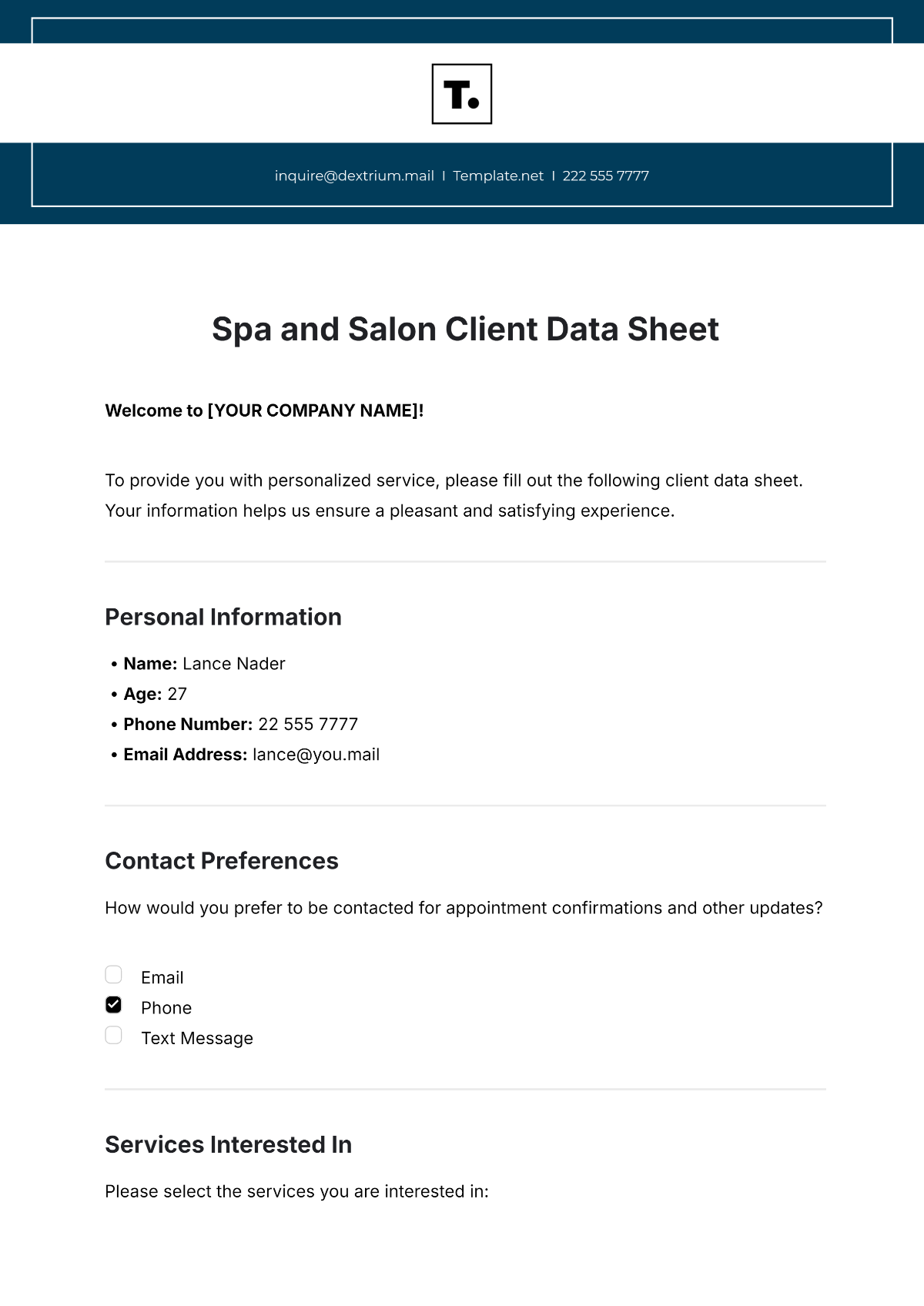 Free Spa and Salon Client Data Sheet Template