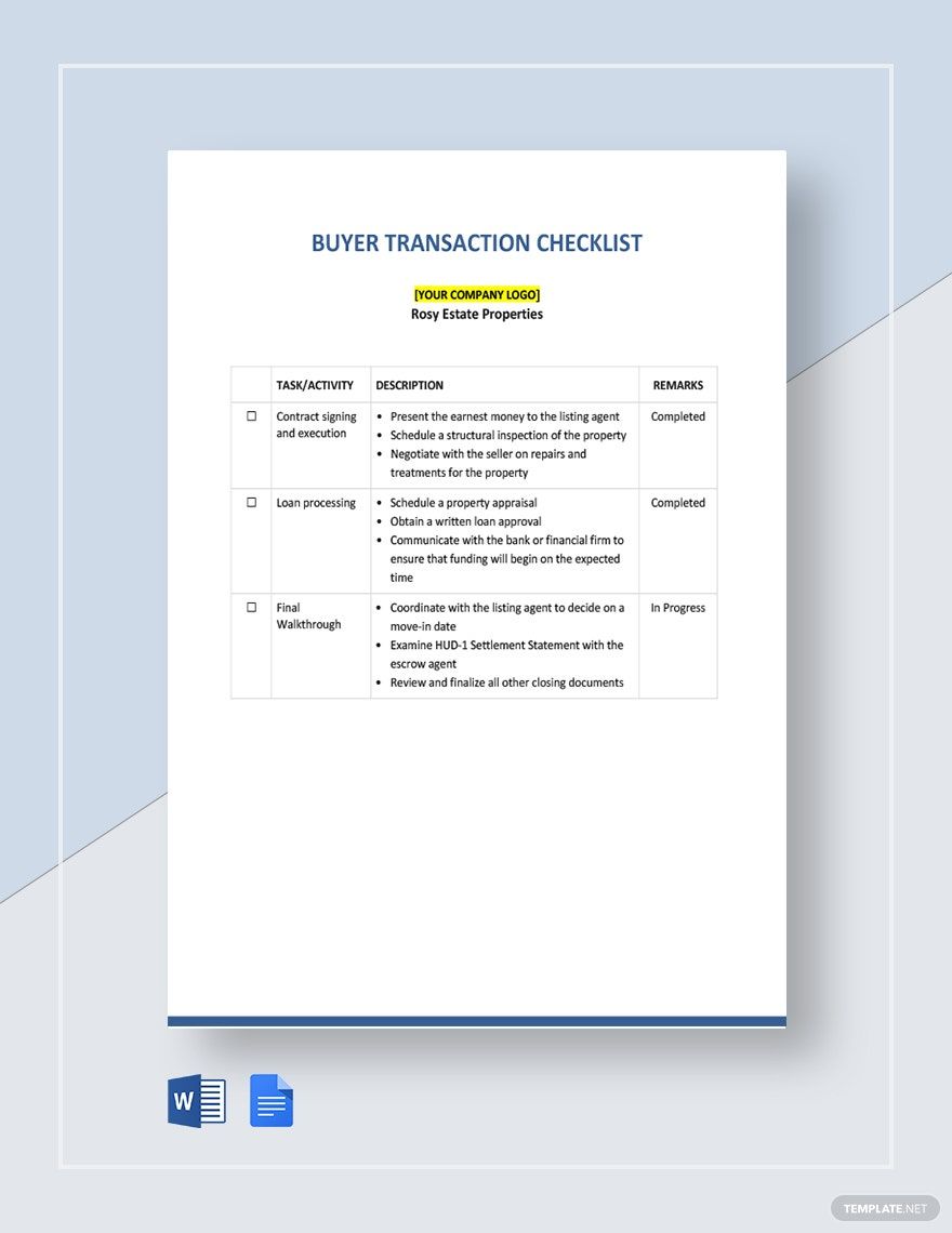 Buyer Transaction Checklist Template