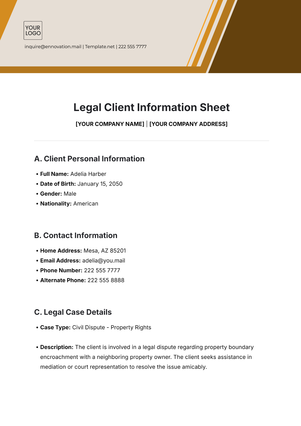 Free Legal Client Information Sheet Template