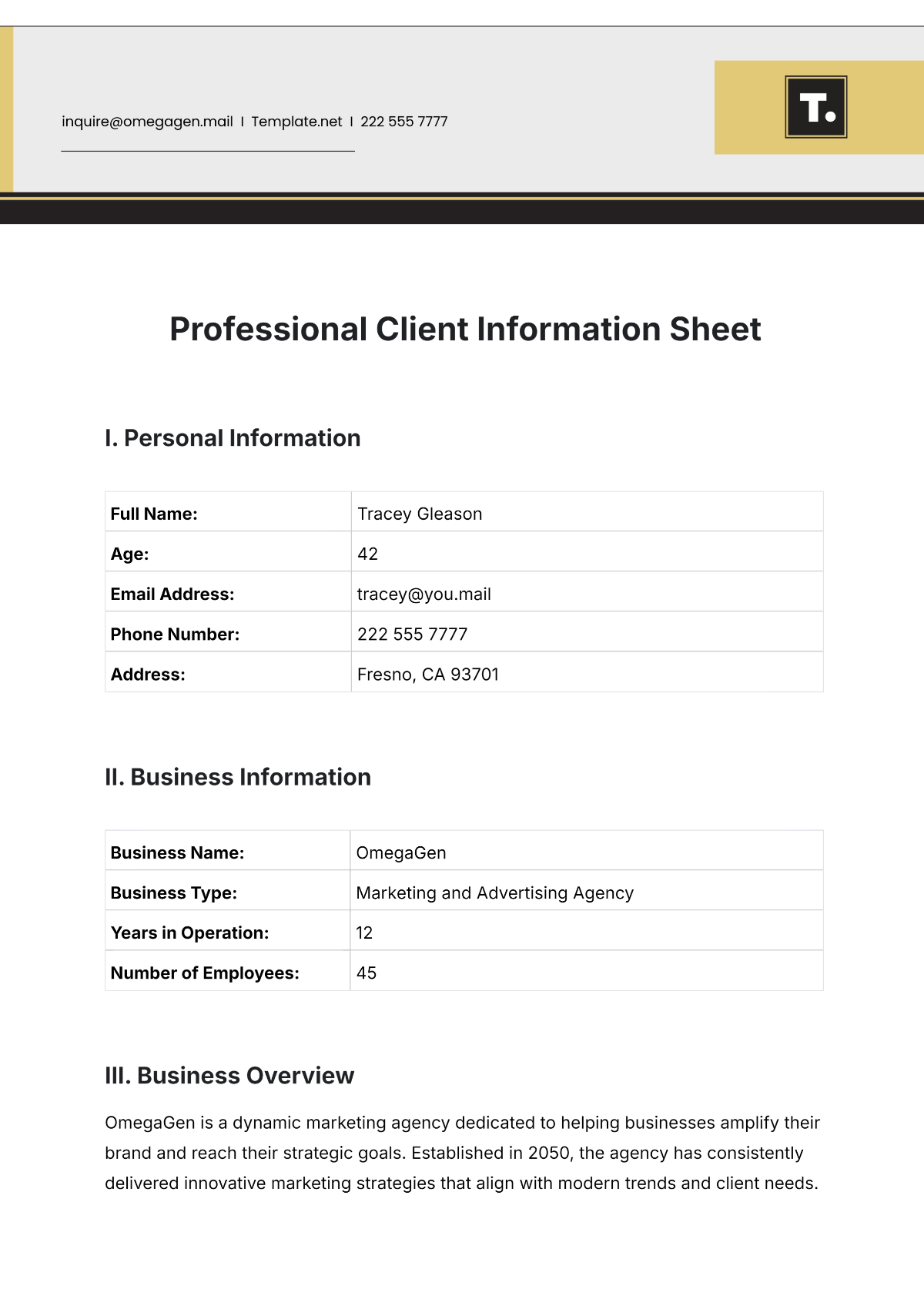 Free Professional Client Information Sheet Template