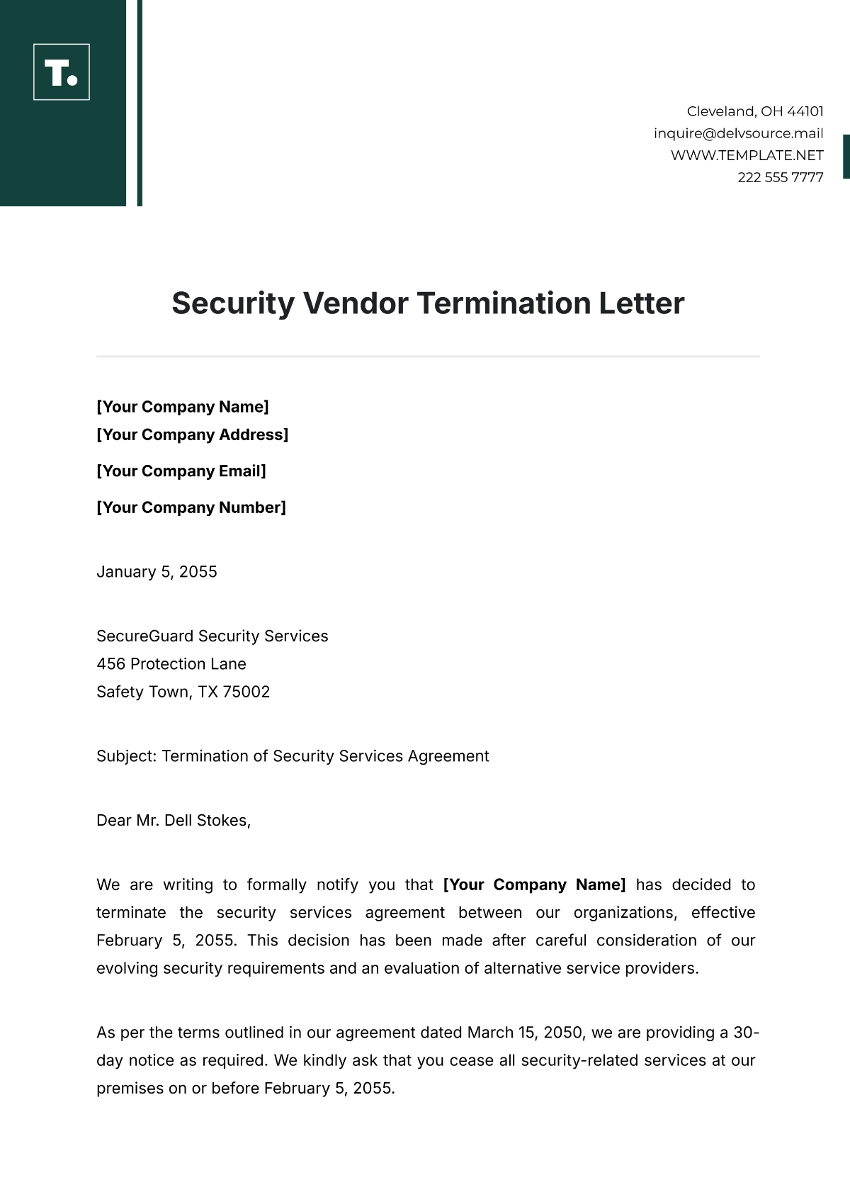 Security Vendor Termination Letter Template - Edit Online & Download