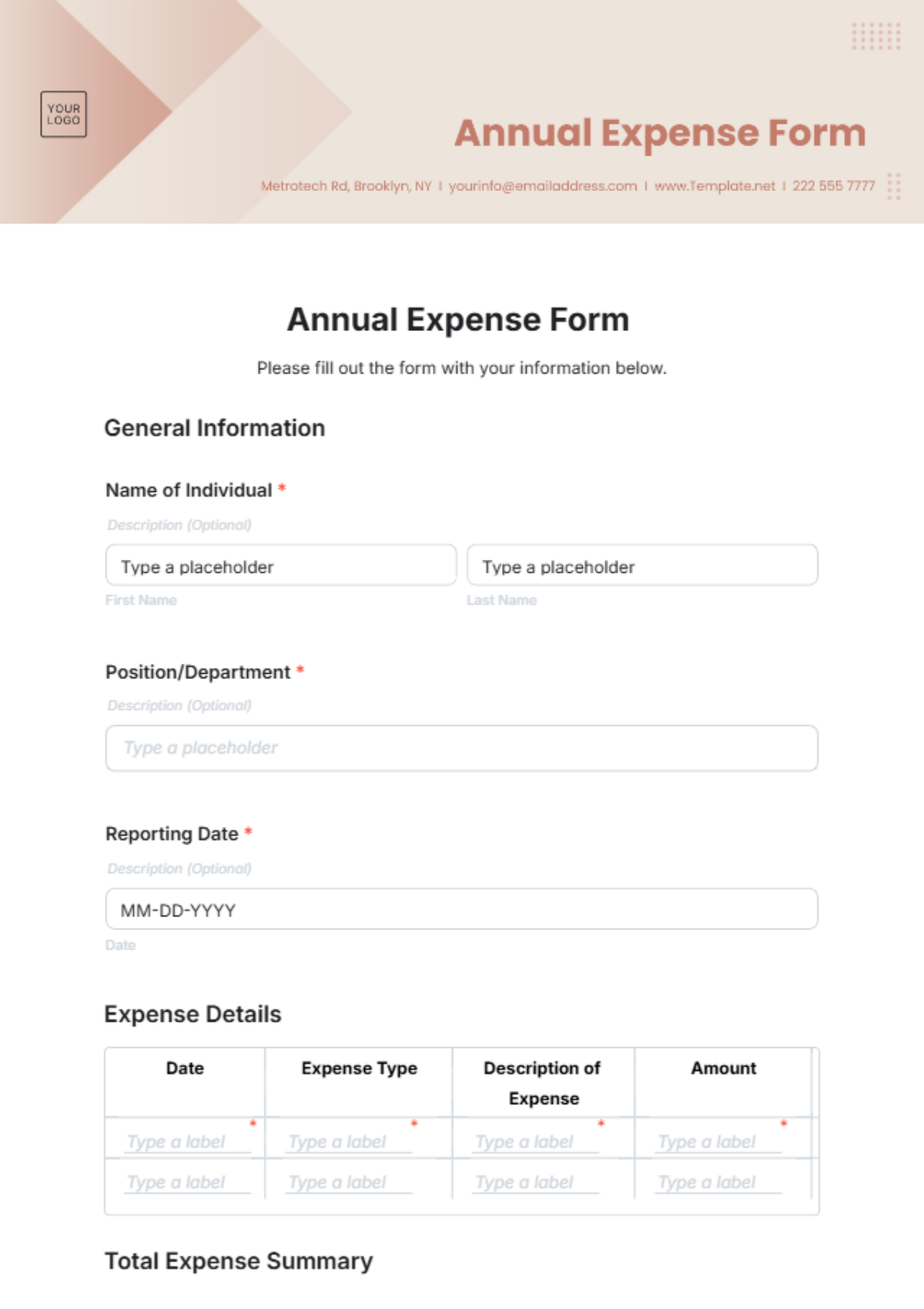 Free Annual Expense Form Template