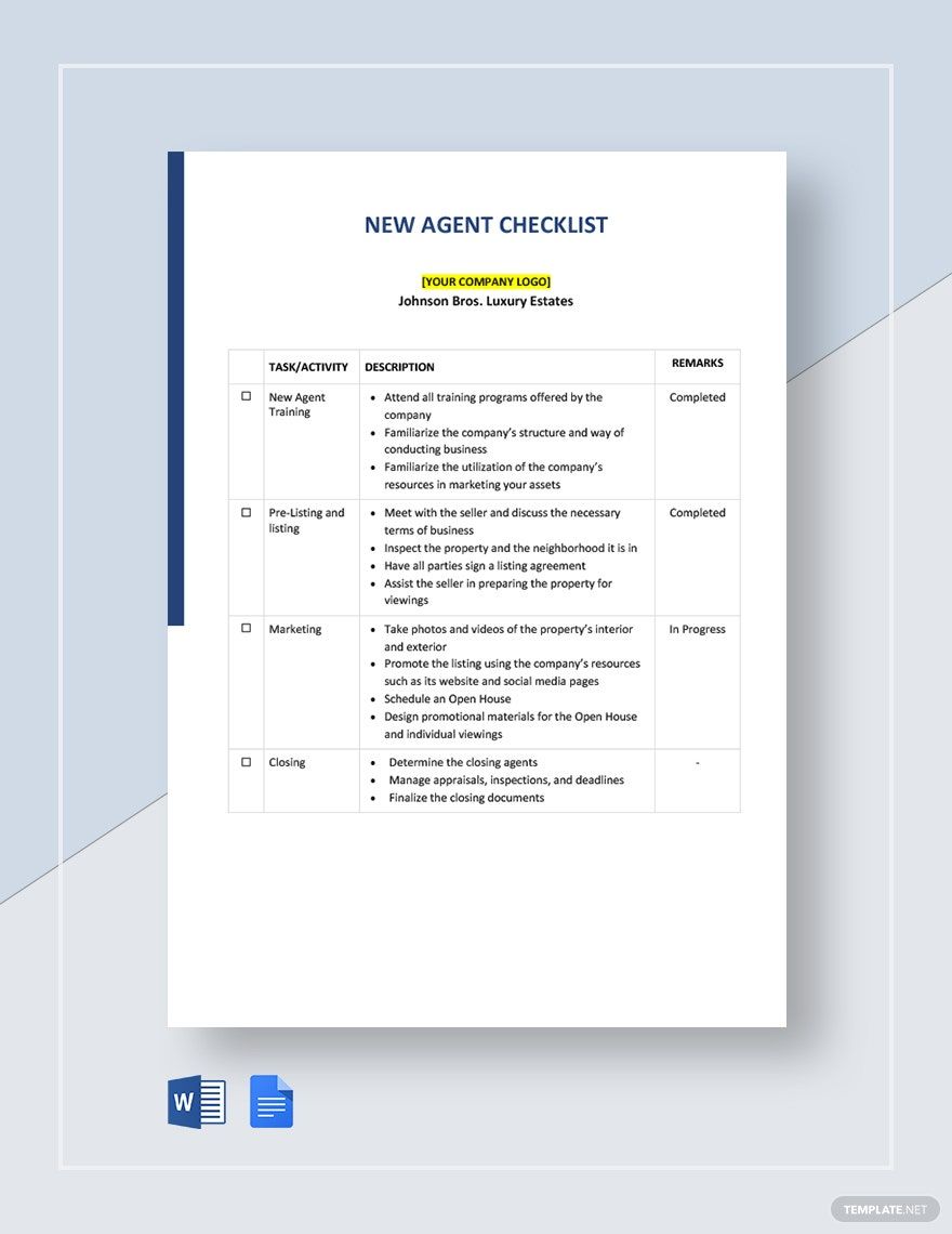 New Agent Checklist Template in Word, Google Docs