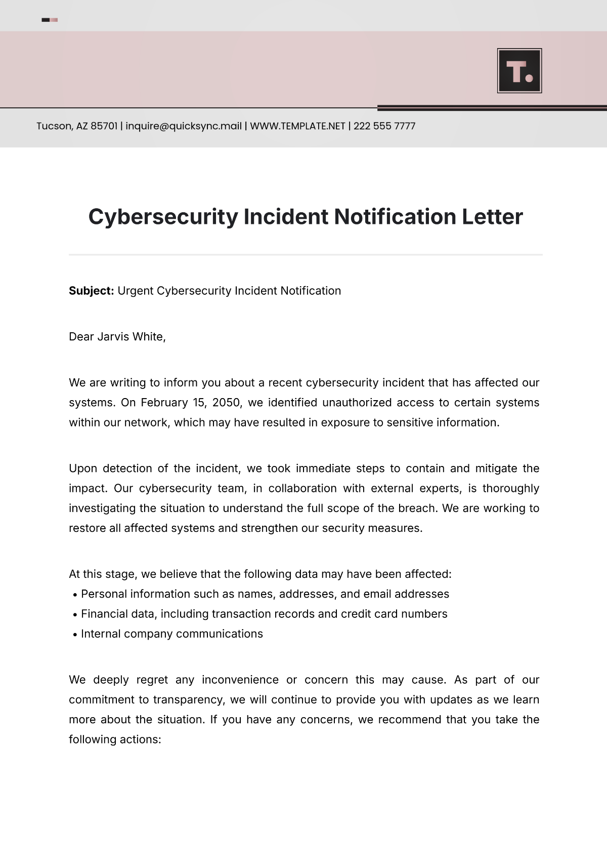 Cybersecurity Incident Notification Letter Template - Edit Online & Download