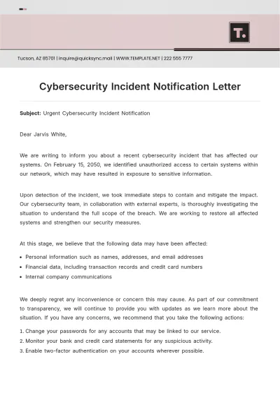 Free Cybersecurity Incident Notification Letter Template to Edit Online