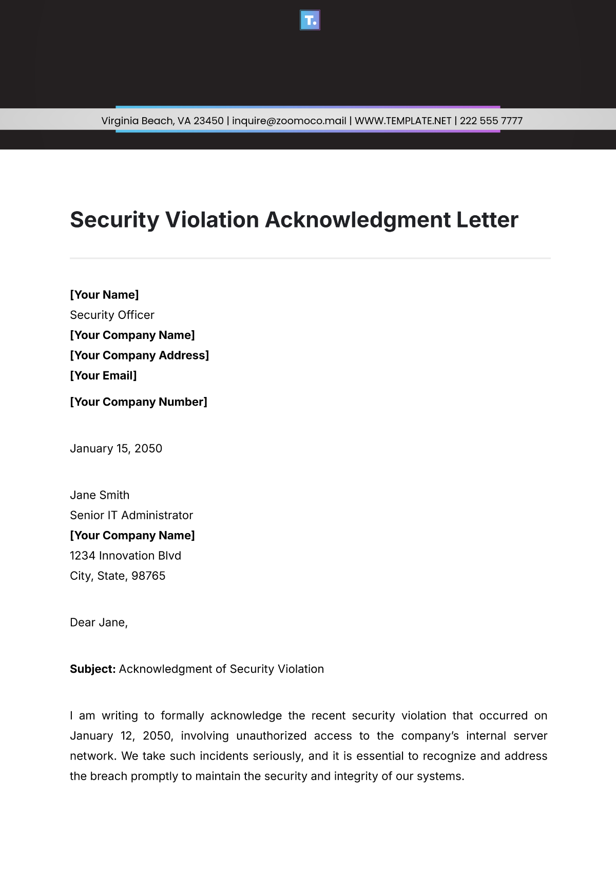 Security Violation Acknowledgment Letter Template - Edit Online & Download