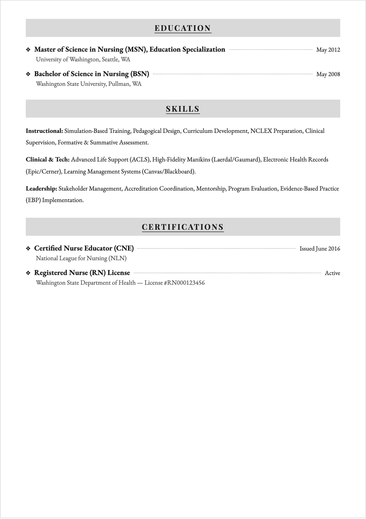 Free Nursing Educator ATS Resume Template, AI Resume Builder