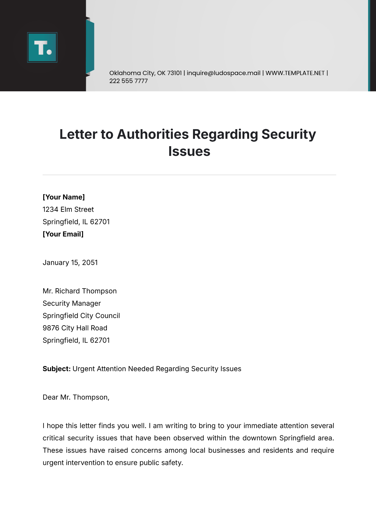 Letter to Authorities Regarding Security Issues Template - Edit Online & Download