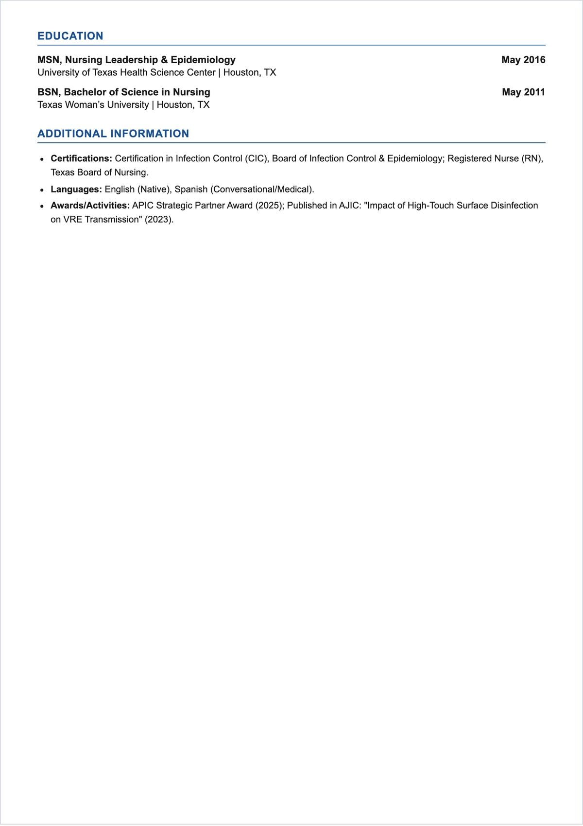Free Infection Control Nurse ATS Resume Template, AI Resume Builder