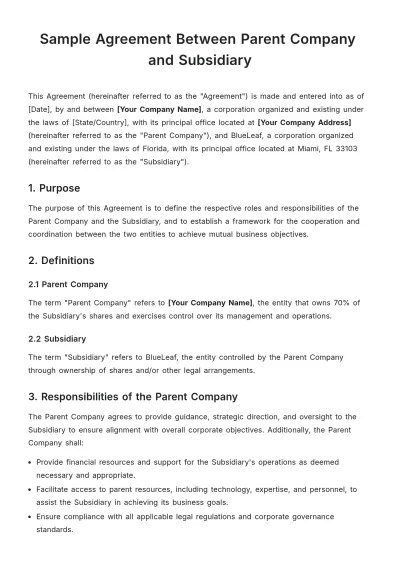 Free Sample Agreement Between Parent Company and Subsidiary Template to Edit Online