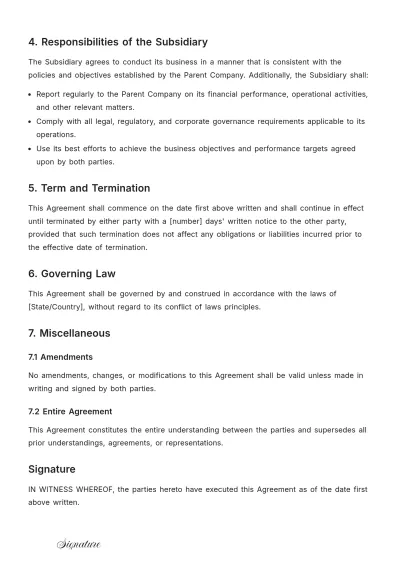 Free Sample Agreement Between Parent Company and Subsidiary Template to Edit Online