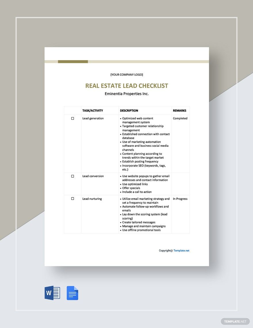 Real Estate Lead Checklist Template