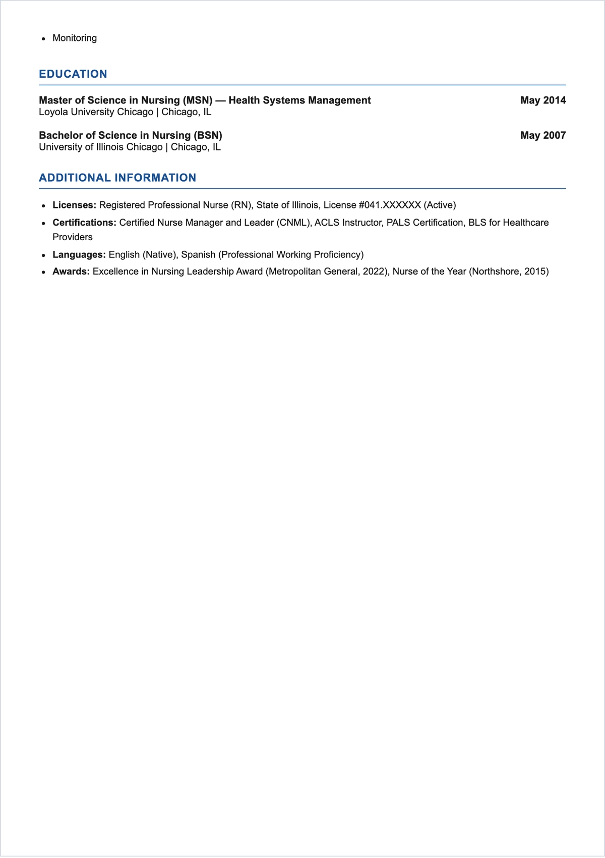 Free Head Nurse Outline ATS Resume Template, AI Resume Builder