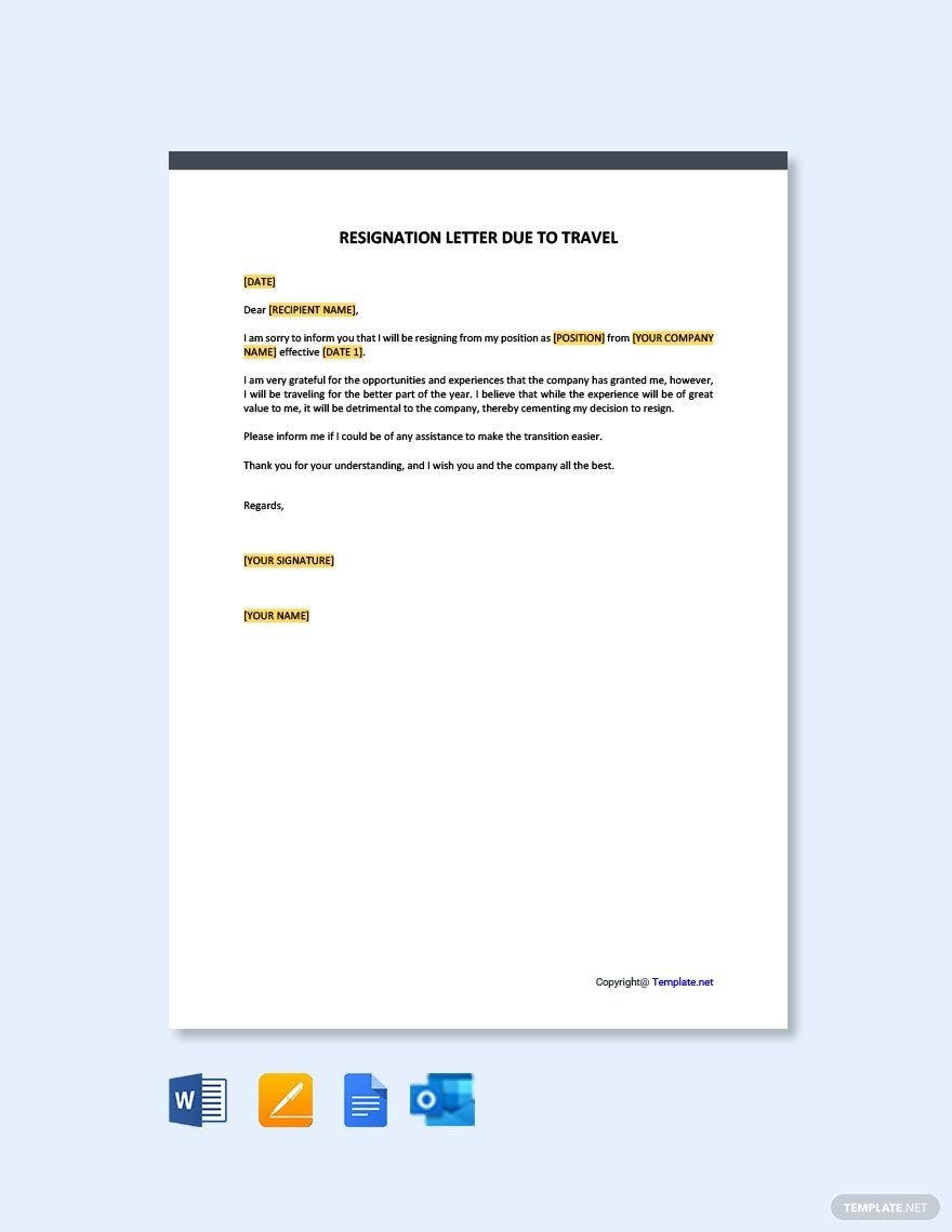 Resignation Letter Template Due to Travel in Word, Google Docs, PDF