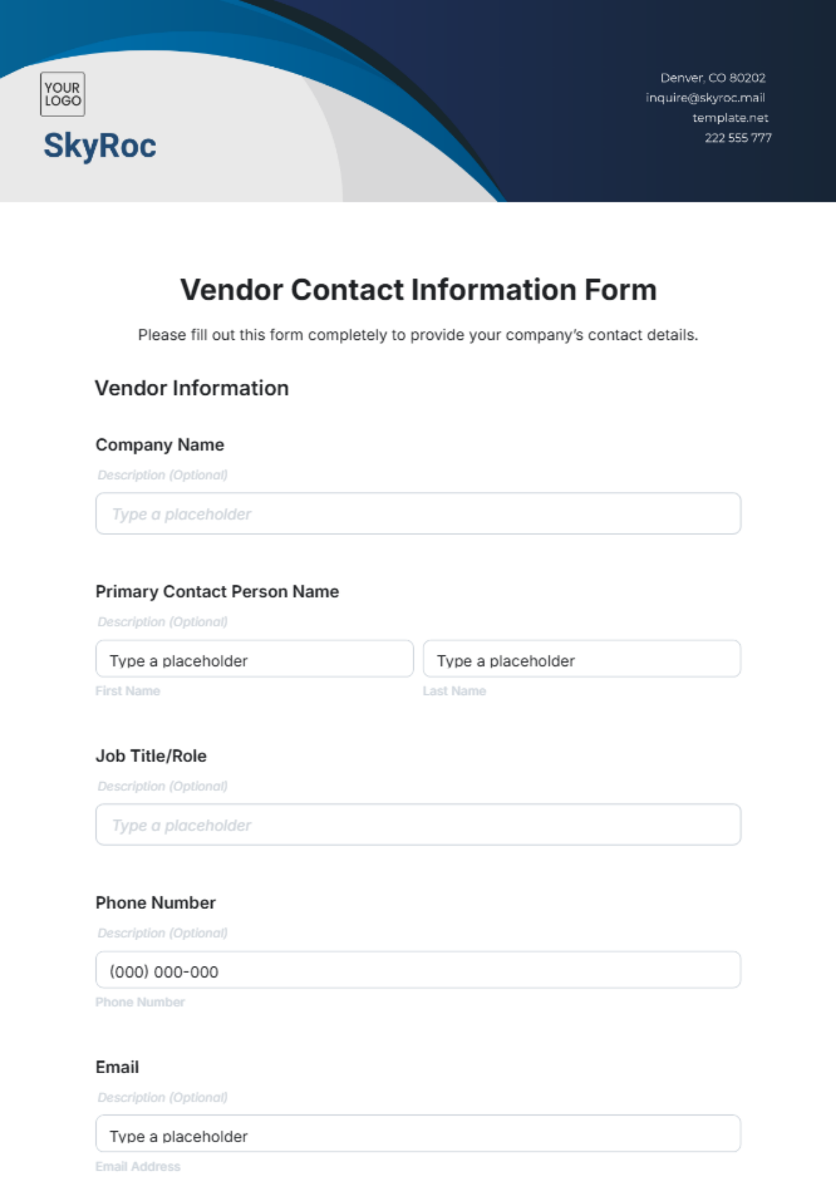 Free Vendor Contact Information Form Template