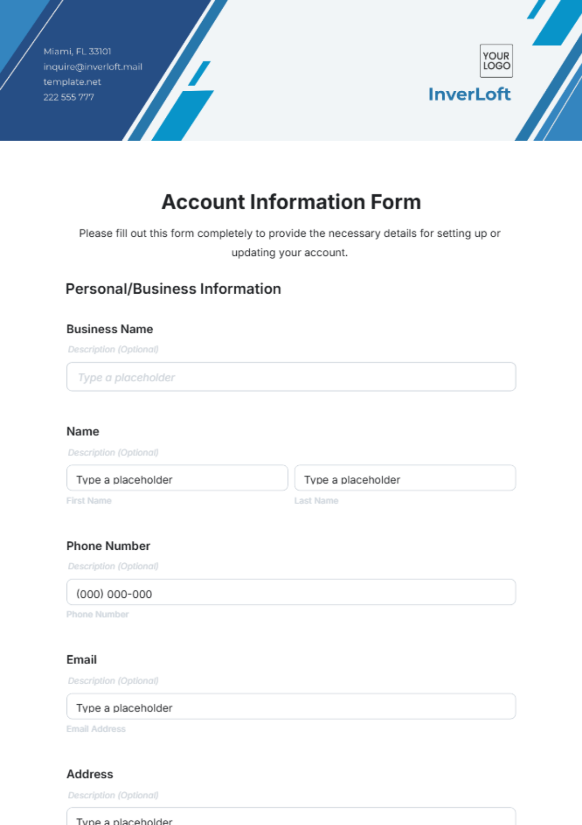 Free Account Information Form Template