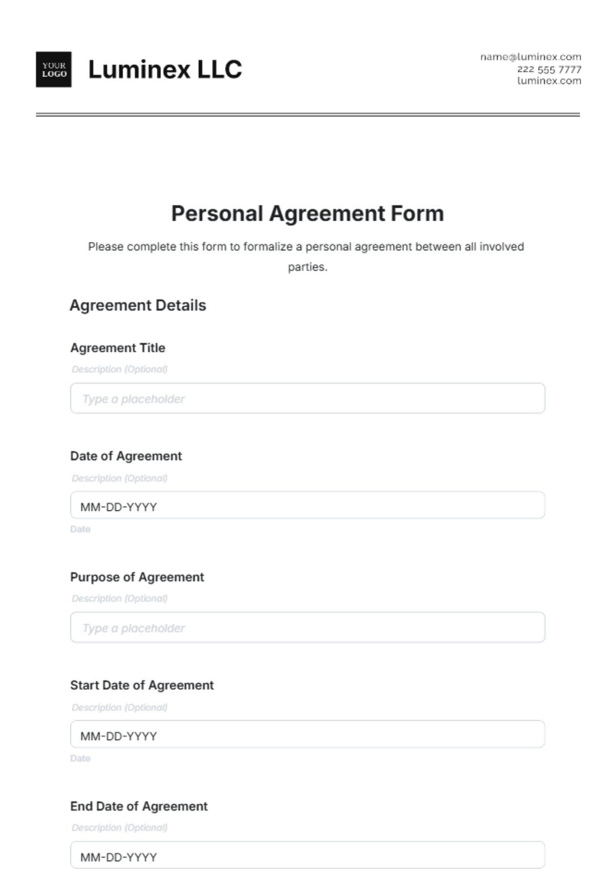 Free Personal Agreement Form Template