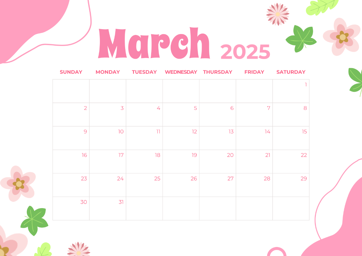 Free Pink March 2025 Calendar Template